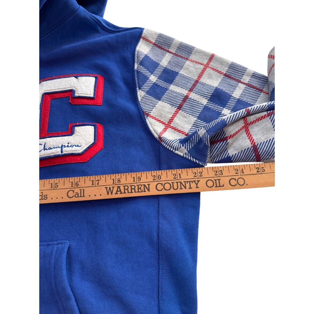 Champion Reverse Weave Blue Plaid Sleeve Hoodie Sweatshirt Men Medium - Picture 6 of 11
